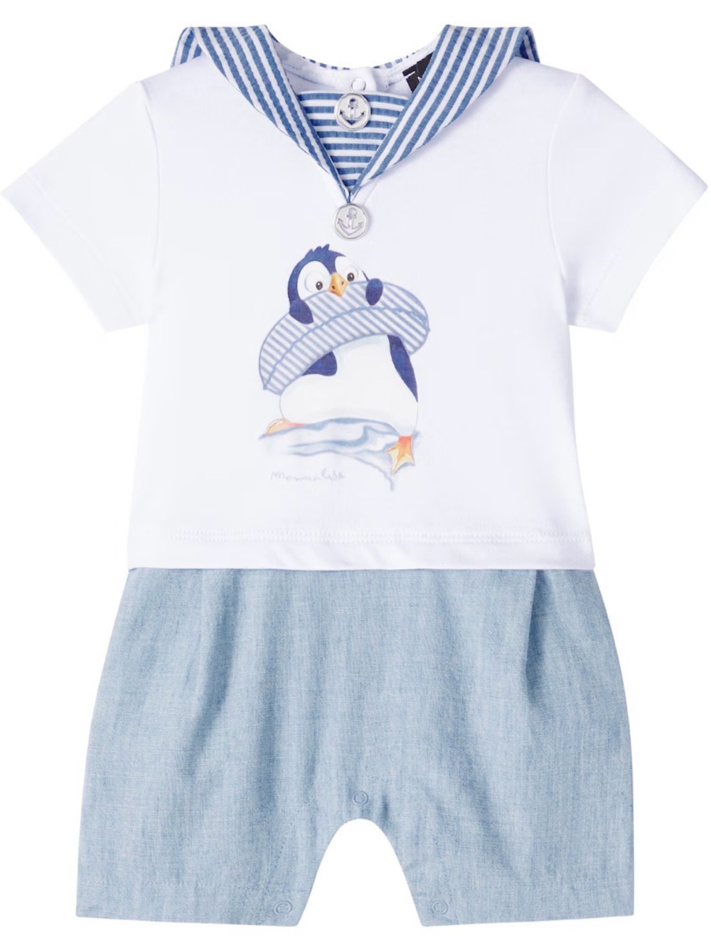 MonnaLisa White and Light Blue Penguin Sailor One-Piece Bodysuit